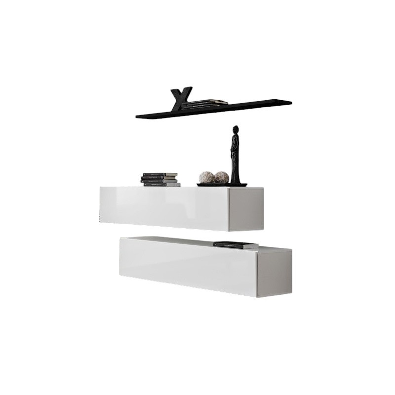 Ensemble meubles de salon SWITCH SBII design, coloris blanc brillant et étagère noire.