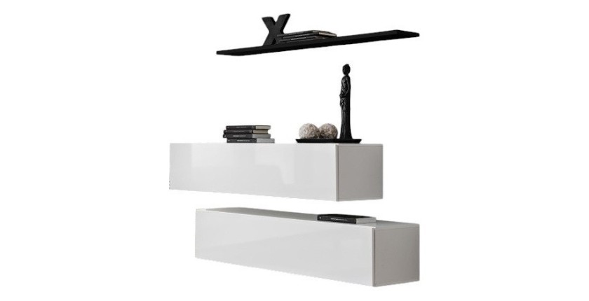 Ensemble meubles de salon SWITCH SBII design, coloris blanc brillant et étagère noire.