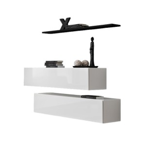 Ensemble meubles de salon SWITCH SBII design, coloris blanc brillant et étagère noire.