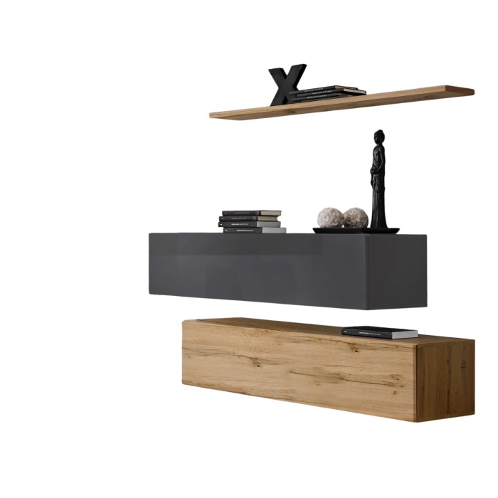 Ensemble meubles de salon SWITCH SBII design, coloris chêne Wotan et gris brillant.