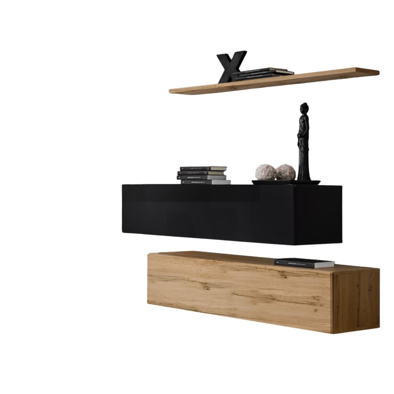 Ensemble meubles de salon SWITCH SBII design, coloris chêne Wotan et noir brillant.
