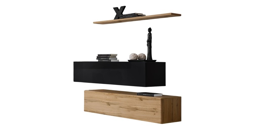 Ensemble meubles de salon SWITCH SBII design, coloris chêne Wotan et noir brillant.