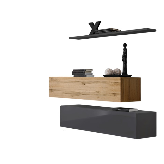 Ensemble meubles de salon SWITCH SBII design, coloris gris brillant et chêne Wotan.