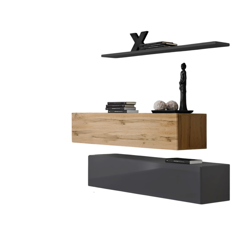 Ensemble meubles de salon SWITCH SBII design, coloris gris brillant et chêne Wotan.