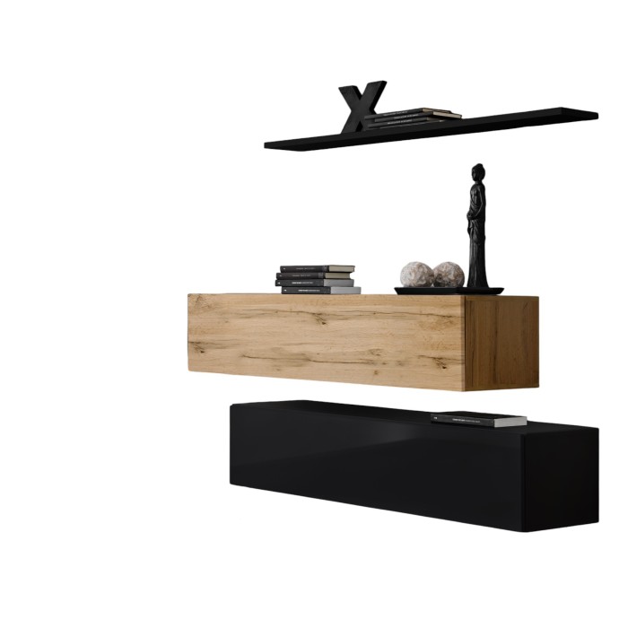 Ensemble meubles de salon SWITCH SBII design, coloris noir brillant et chêne Wotan.