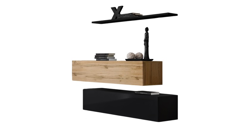Ensemble meubles de salon SWITCH SBII design, coloris noir brillant et chêne Wotan.