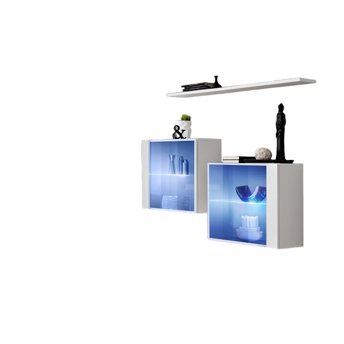 Ensemble meubles de salon SWITCH SBIII design, coloris blanc brillant et porte vitrée avec système LED intégré.