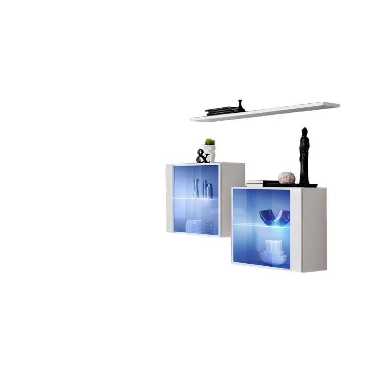 Ensemble meubles de salon SWITCH SBIII design, coloris blanc brillant et porte vitrée avec système LED intégré.