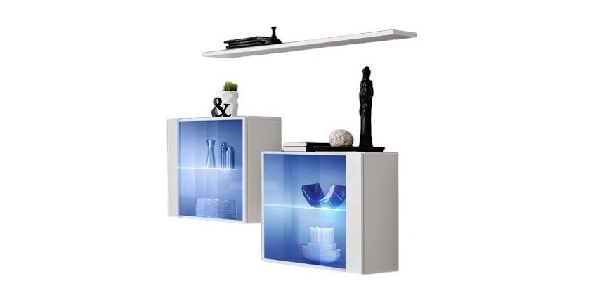 Ensemble meubles de salon SWITCH SBIII design, coloris blanc brillant et porte vitrée avec système LED intégré.