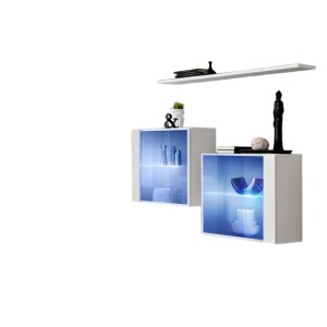 Ensemble meubles de salon SWITCH SBIII design, coloris blanc brillant et porte vitrée avec système LED intégré.