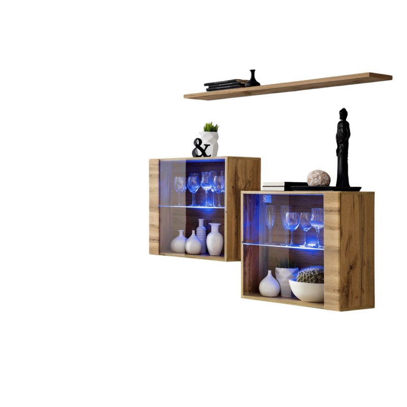 Ensemble meubles de salon SWITCH SBIII design, coloris chêne Wotan et porte vitrée avec système LED intégré.