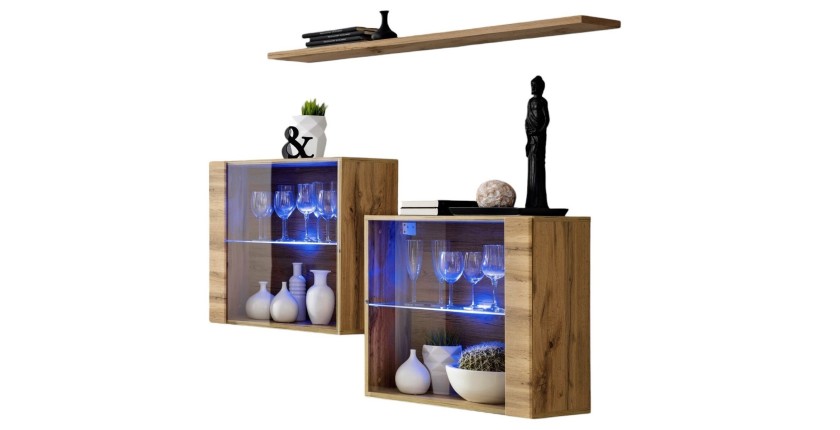 Ensemble meubles de salon SWITCH SBIII design, coloris chêne Wotan et porte vitrée avec système LED intégré.