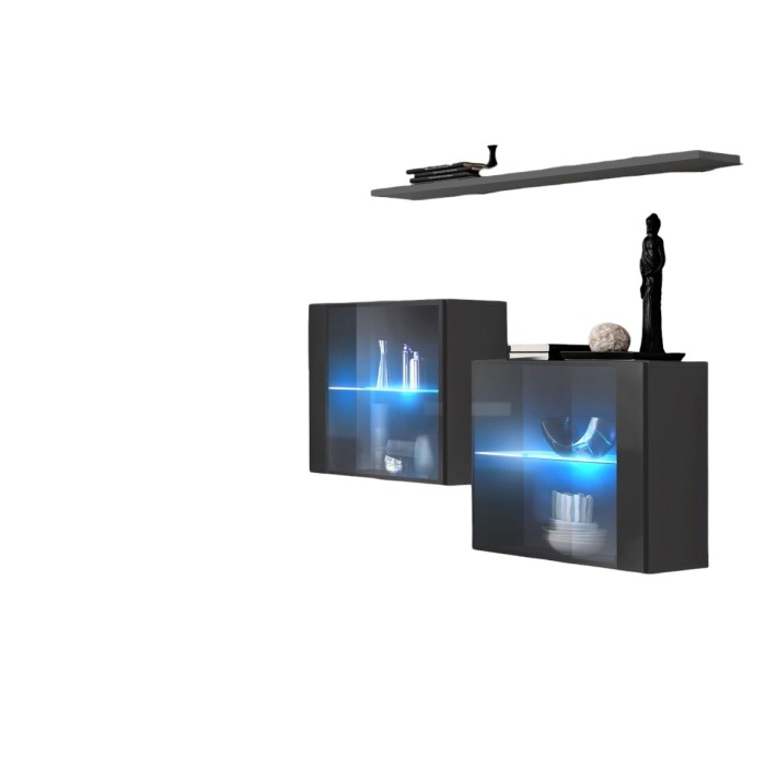 Ensemble meubles de salon SWITCH SBIII design, coloris gris brillant et porte vitrée avec système LED intégré.
