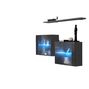 Ensemble meubles de salon SWITCH SBIII design, coloris gris brillant et porte vitrée avec système LED intégré.