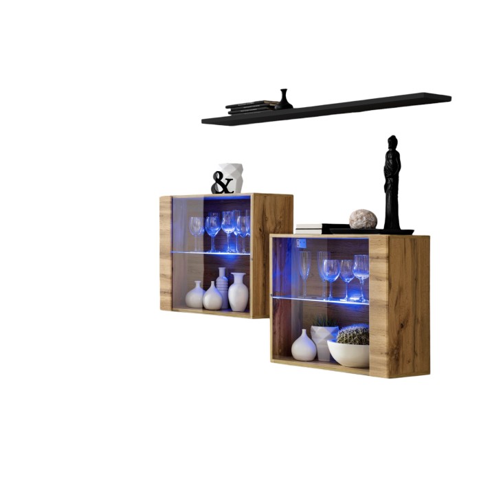 Ensemble meubles de salon SWITCH SBIII, coloris chêne Wotan et porte vitrée avec système LED intégré, étagère noire.