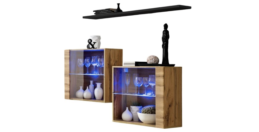 Ensemble meubles de salon SWITCH SBIII, coloris chêne Wotan et porte vitrée avec système LED intégré, étagère noire.