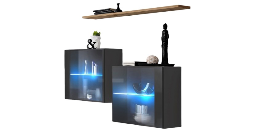 Ensemble salon SWITCH SBII gris brillant, porte vitrée LED intégrée, étagére chêne Wotan, moderne