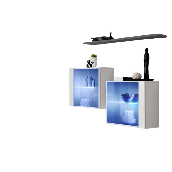 Ensemble salon SWITCH SBIII blanc brillant, porte vitrée LED intégrée, étagére grise, design moderne