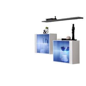 Ensemble salon SWITCH SBIII blanc brillant, porte vitrée LED intégrée, étagére grise, design moderne