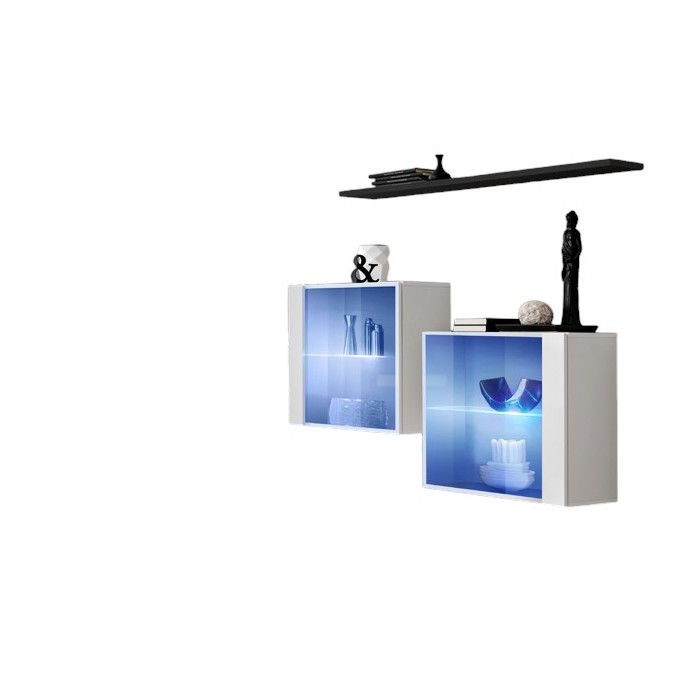 Ensemble salon SWITCH SBIII blanc brillant, porte vitrée LED intégrée, étagére noire, design moderne