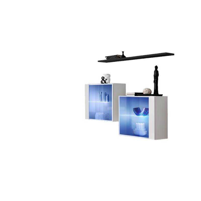 Ensemble salon SWITCH SBIII blanc brillant, porte vitrée LED intégrée, étagére noire, design moderne