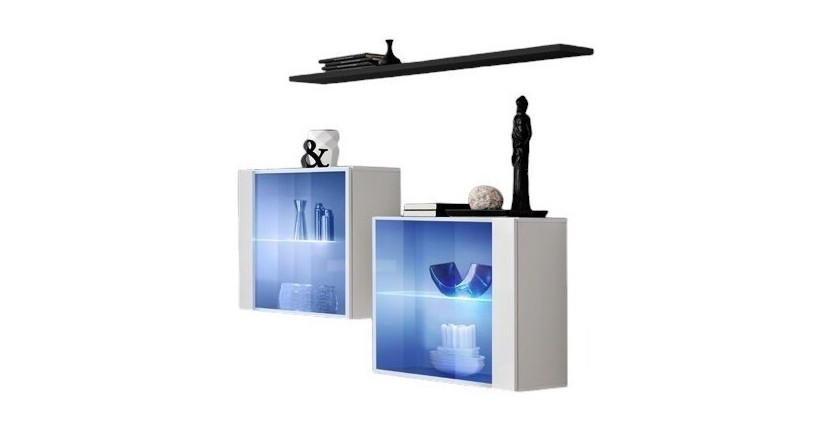 Ensemble salon SWITCH SBIII blanc brillant, porte vitrée LED intégrée, étagére noire, design moderne