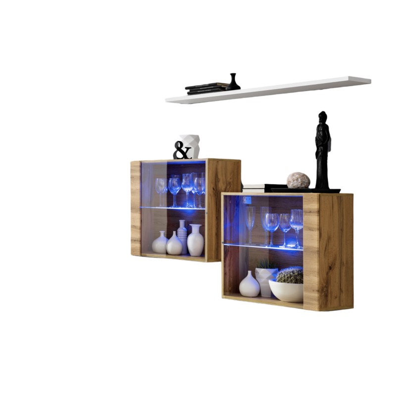 Ensemble salon SWITCH SBIII chêne Wotan, porte vitrée LED intégrée, étagére blanche, design moderne