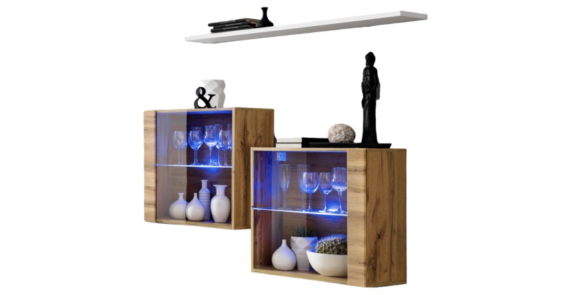 Ensemble salon SWITCH SBIII chêne Wotan, porte vitrée LED intégrée, étagére blanche, design moderne