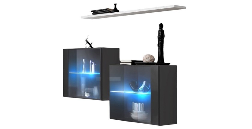 Ensemble salon SWITCH SBIII gris brillant, porte vitrée LED intégrée, étagére blanche, design moderne