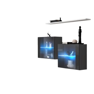 Ensemble salon SWITCH SBIII gris brillant, porte vitrée LED intégrée, étagére blanche, design moderne