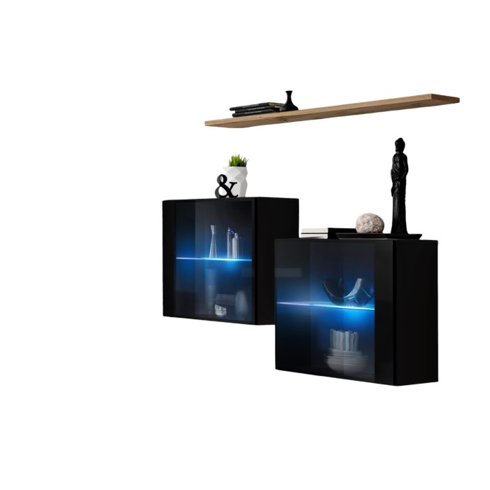 Ensemble salon SWITCH SBIII noir brillant, porte vitrée LED intégrée, étagére chêne Wotan, moderne