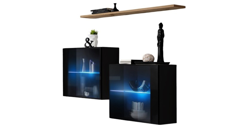 Ensemble salon SWITCH SBIII noir brillant, porte vitrée LED intégrée, étagére chêne Wotan, moderne