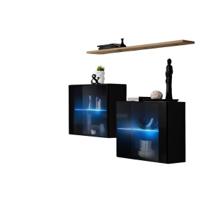 Ensemble salon SWITCH SBIII noir brillant, porte vitrée LED intégrée, étagére chêne Wotan, moderne