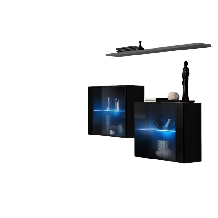 Ensemble salon SWITCH SBIII noir brillant, porte vitrée LED intégrée, étagére grise, design moderne