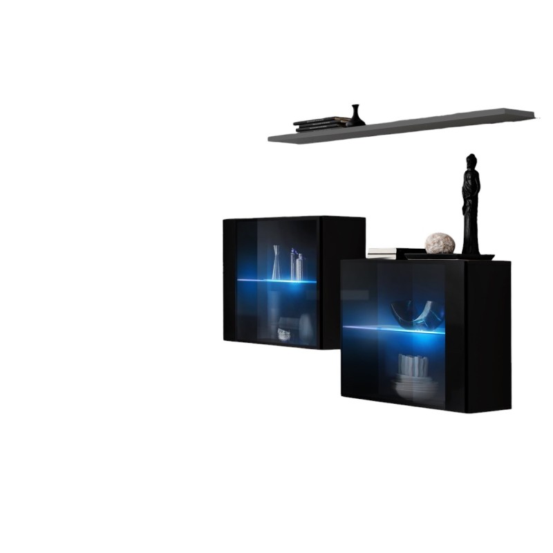 Ensemble salon SWITCH SBIII noir brillant, porte vitrée LED intégrée, étagére grise, design moderne