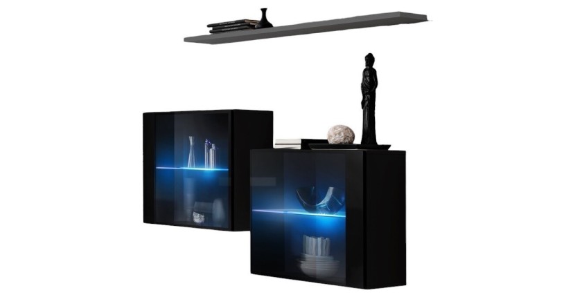 Ensemble salon SWITCH SBIII noir brillant, porte vitrée LED intégrée, étagére grise, design moderne