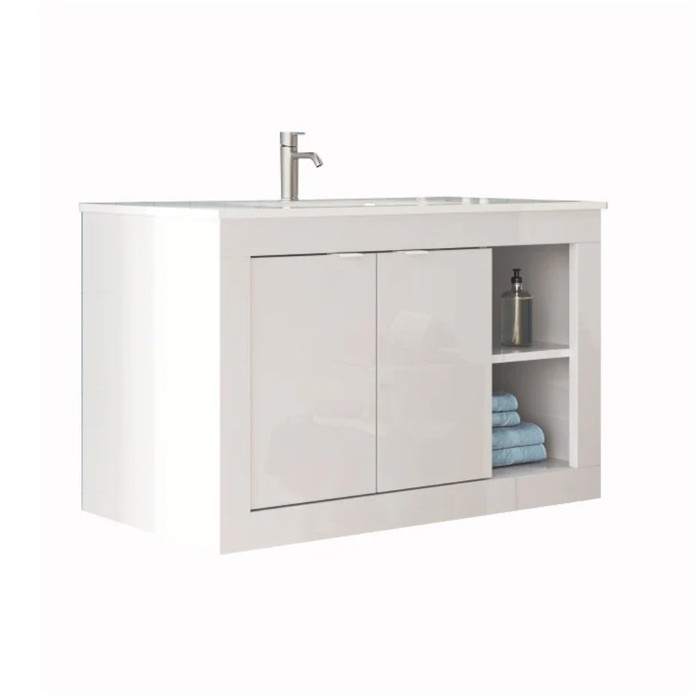 Meuble de salle de bain suspendu avec 1 vasque et 2 portes, collection VIENNE. Coloris blanc brillant