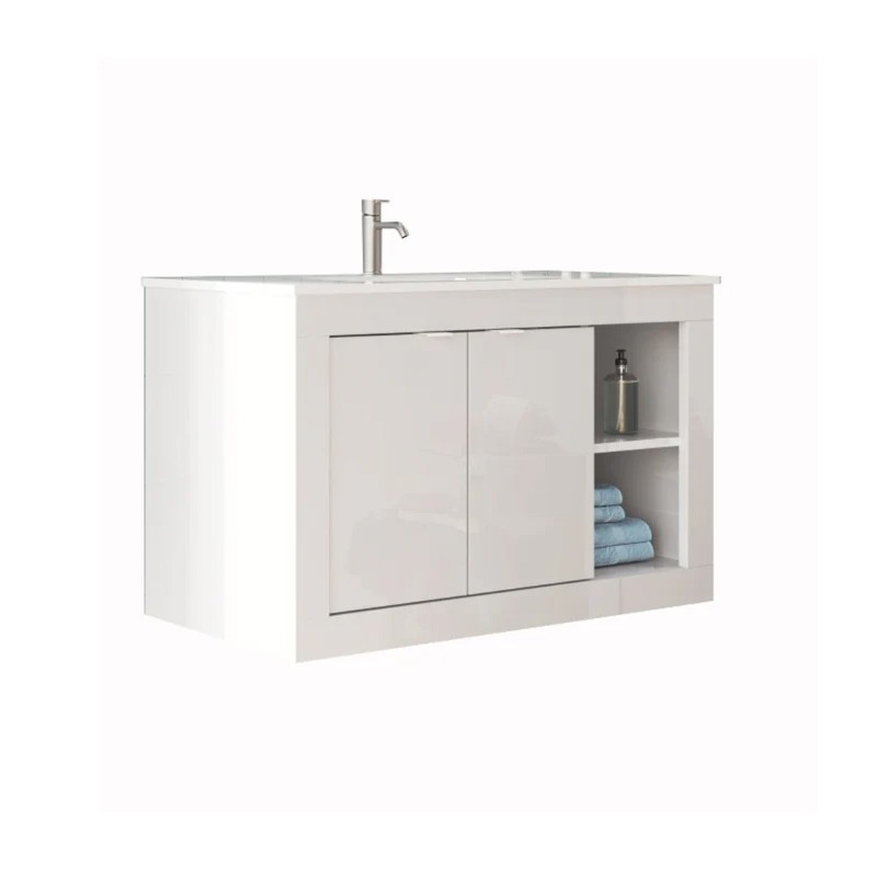 Meuble de salle de bain suspendu avec 1 vasque et 2 portes, collection VIENNE. Coloris blanc brillant