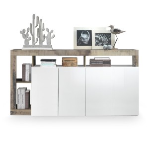 Buffet BURA – 4 portes – Blanc laqué brillant et chêne clair – Design moderne – L184 cm