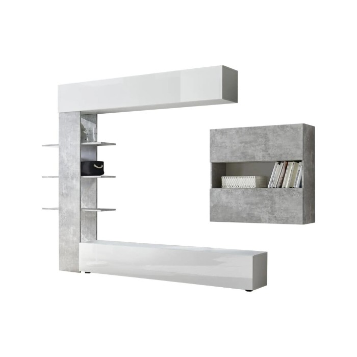 Ensemble meubles salon avec rangements, collection VASCO, blanc laqué/gris effet béton