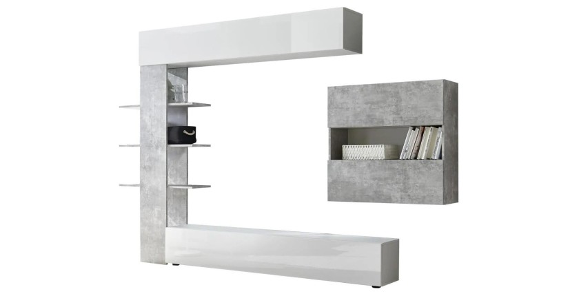 Ensemble meubles salon avec rangements, collection VASCO, blanc laqué/gris effet béton