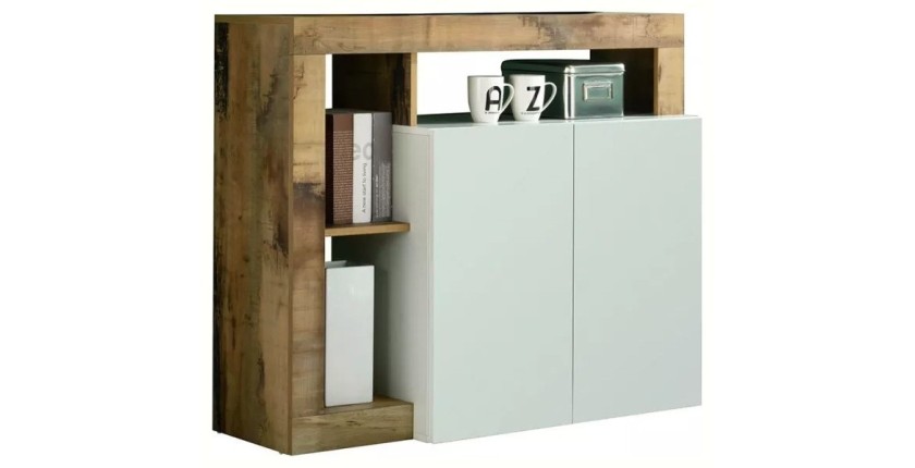 Buffet 2 portes collection BURA, coloris blanc laqué brillant et chêne clair