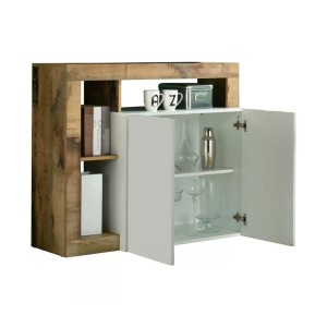 Buffet 2 portes collection BURA, coloris blanc laqué brillant et chêne clair