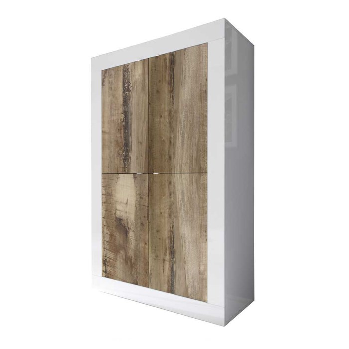 Buffet haut 4 portes, collection CISA, coloris blanc laqué brillant et chêne clair