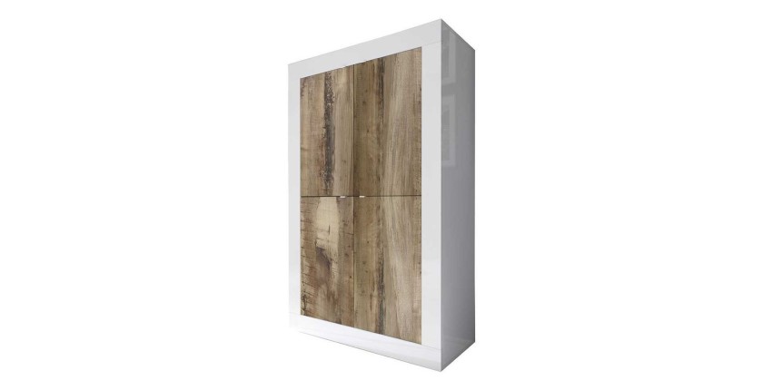 Buffet haut 4 portes, collection CISA, coloris blanc laqué brillant et chêne clair