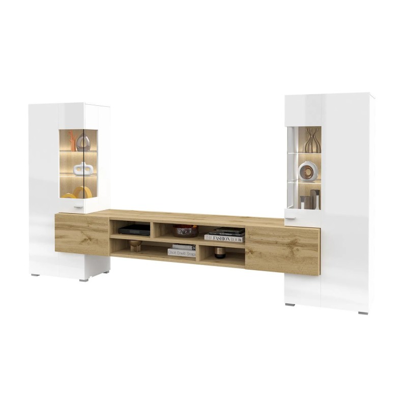 Ensemble de 3 meubles de salon collection KOBEE. Couleur blanc et chêne