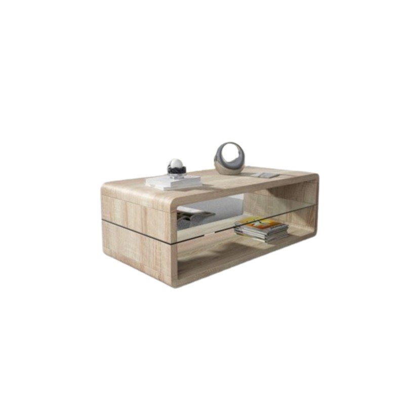 Table basse LEVIS – Design contemporain – Coloris chêne – Plateau intermédiaire en verre