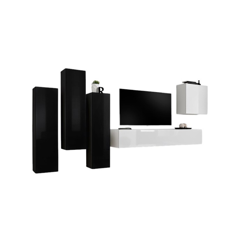 Ensemble meubles de salon SWITCH III – Design moderne – Noir et blanc brillant – Meuble TV et rangements suspendus