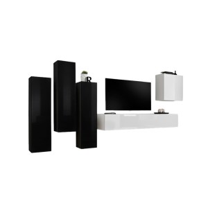 Ensemble meubles de salon SWITCH III – Design moderne – Noir et blanc brillant – Meuble TV et rangements suspendus