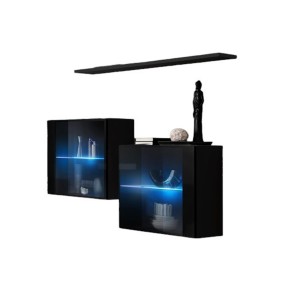 Ensemble meubles de salon SWITCH SBIII – Design moderne – Noir brillant – Portes vitrées avec LED intégrée
